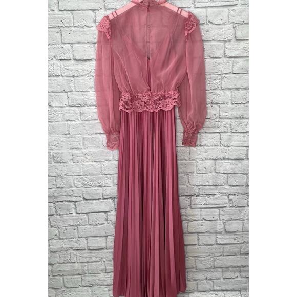 Vintage 70's Mauve Maxi Dress Pleated Skirt Sheer Lace Cardigan Size S/M Union - Picture 14 of 14